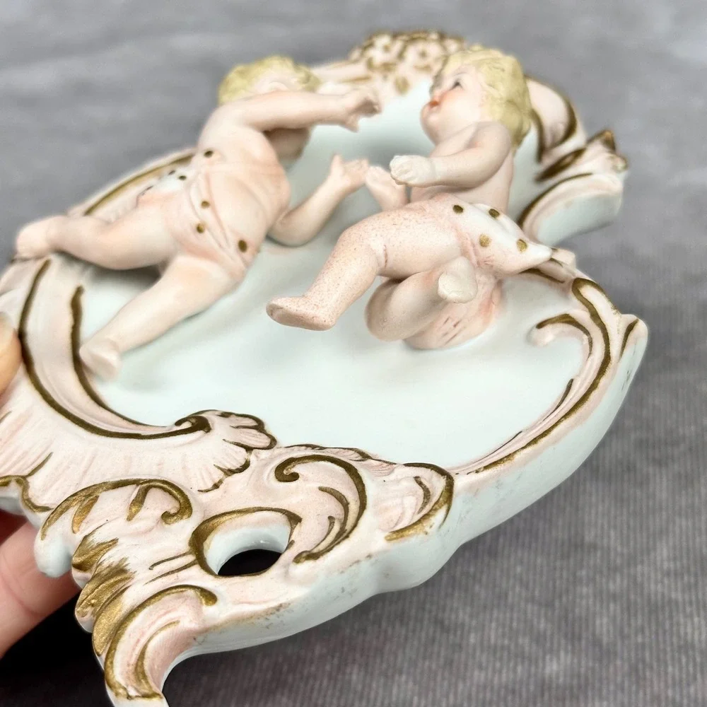 Vintage Lefton Porcelain Cherub Wall Decor Pink Gold Ornate Plaque Hand Painted